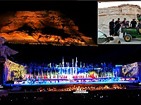 Opern-Event am Berg Masada. oben: Das Audio-Team um Meir Kilim (3.v.l.). Am Steuer: Sound Designer Yuval Silberstein.