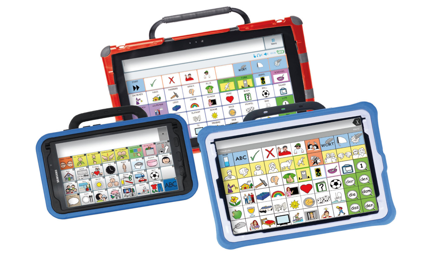 Dynamische Kommunikationshilfen: Der Accent 1000 (oben) mit dem Wortschatzprogramm Quasselkiste 45; der NovaChat 8 (links) mit dem Wortschatzprogramm LoGoFoXX 32; der PRiO 10 (rechts) mit der Quasselkiste-App.